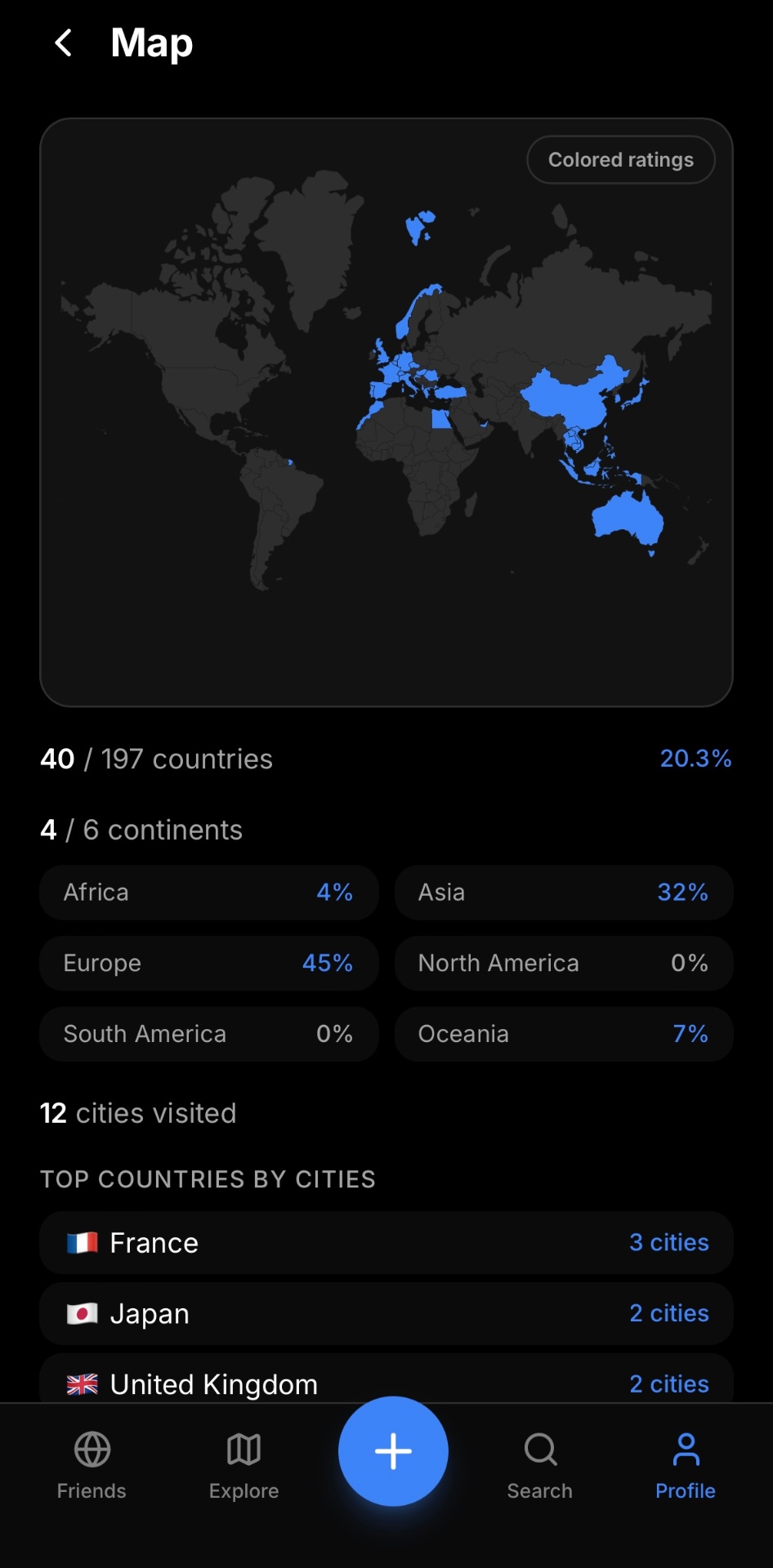 World map with countries and continents coverage